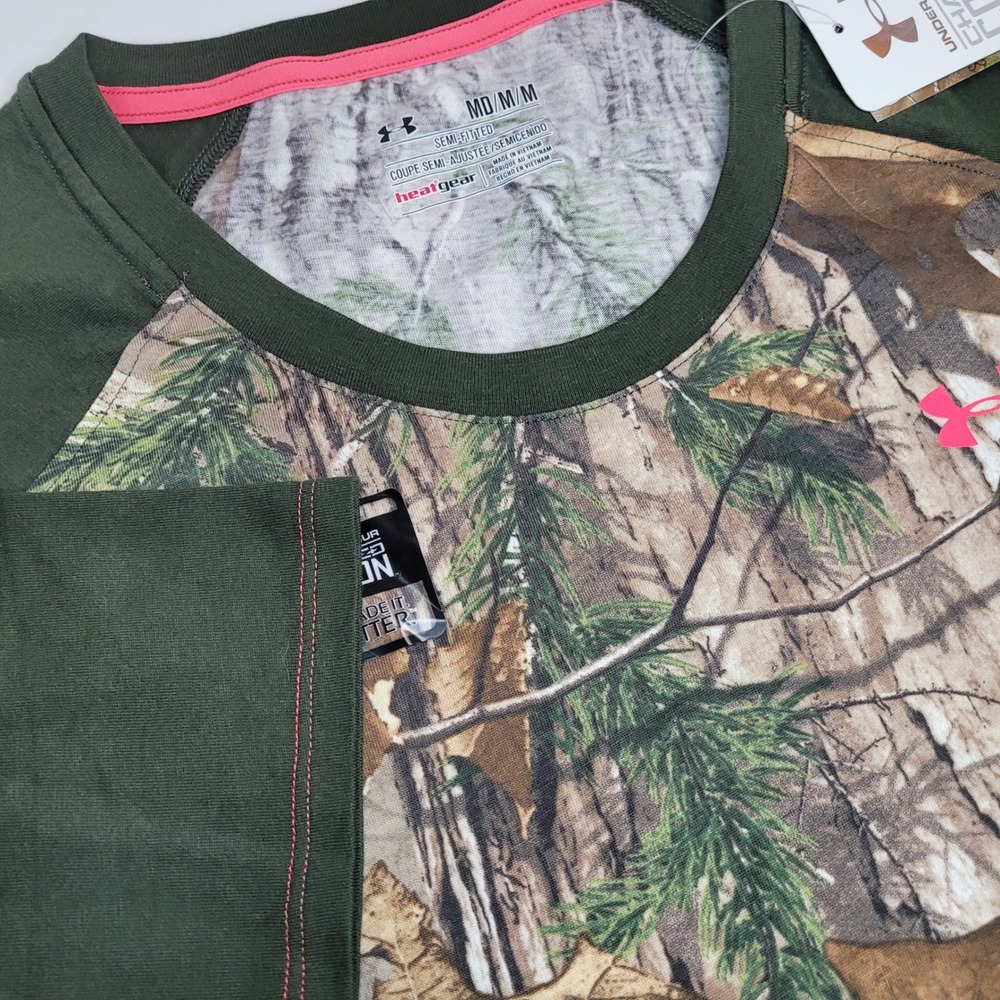 Under Armour Realtree Camo T-Shirt Womens Medium Green‎ NEW 3/4 Sleeve 1239908